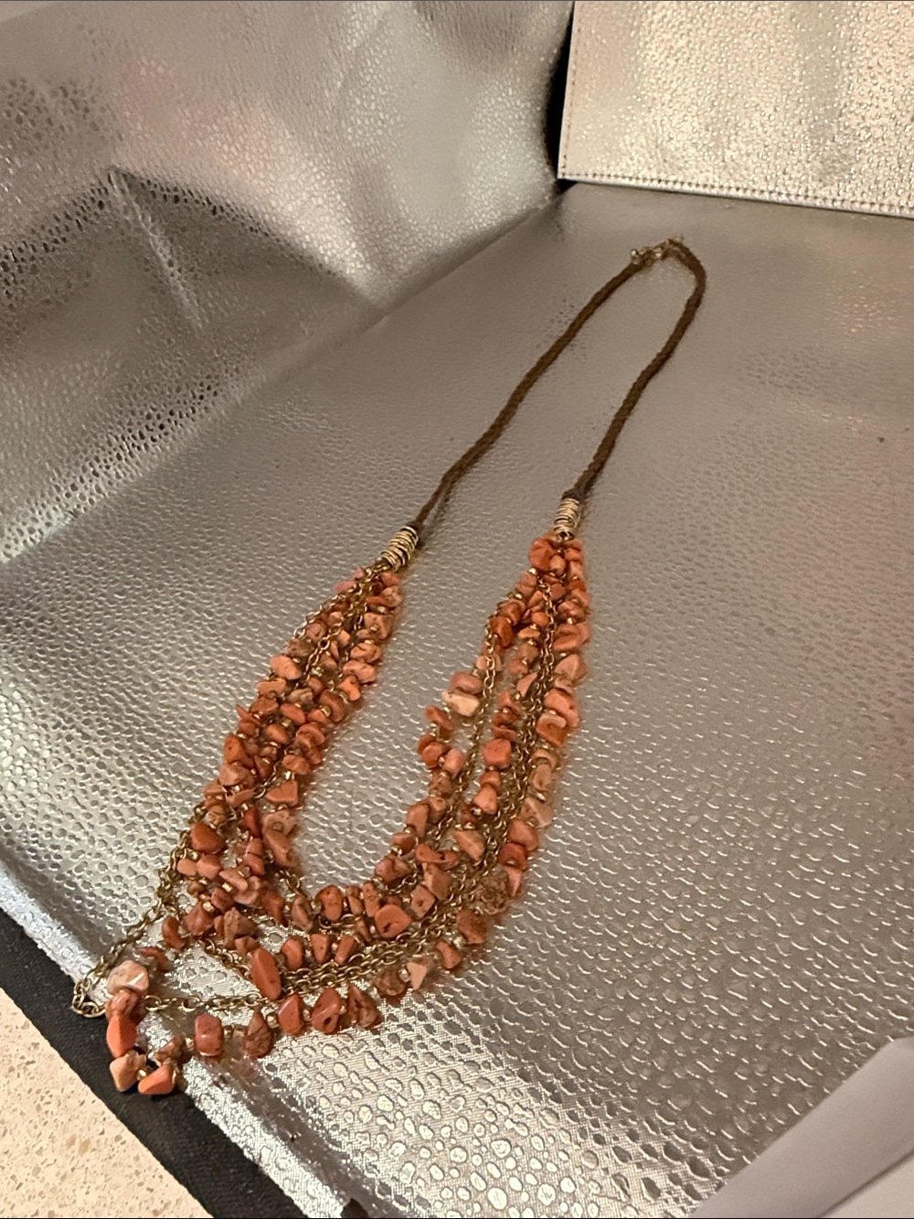 Layered Coral Chip Necklace with Gold-Tone Chains